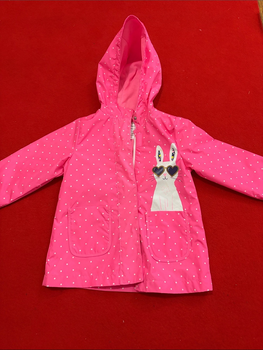 Kids Pink Bunny Hooded Rain Jacket - Cute Polka Dot Design